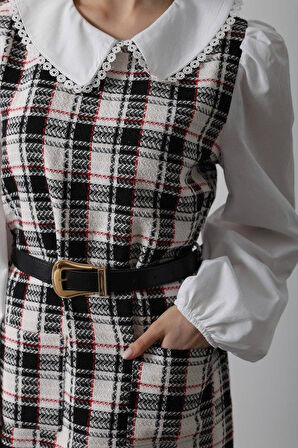 Ekoseli Gömlek Detaylı Elbise - Siyah