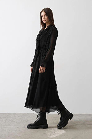 Fırfır Detaylı Şifon Elbise - Siyah