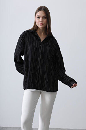 Çizgili İnce Gömlek - Siyah