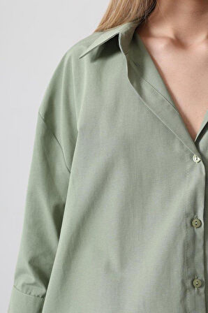 Yarım Manşet Uzun Gömlek - Haki