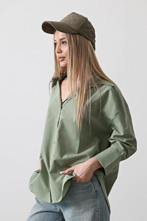 Yarım Manşet Uzun Gömlek - Haki