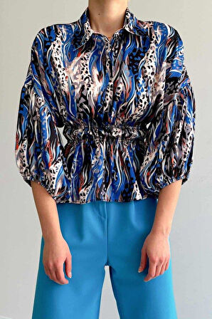 Beli Lastikli Saten Gömlek - Mavi