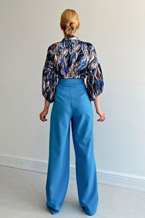 Beli Lastikli Saten Gömlek - Mavi