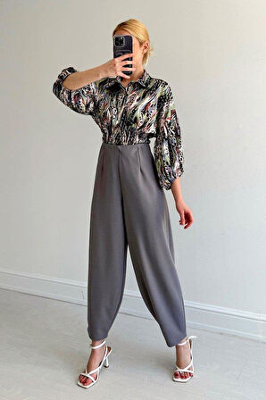 Beli Lastikli Saten Gömlek - Yeşil