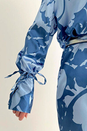 Vatkalı Manşet Detaylı Gömlek Elbise - Mavi