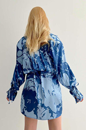 Vatkalı Manşet Detaylı Gömlek Elbise - Mavi