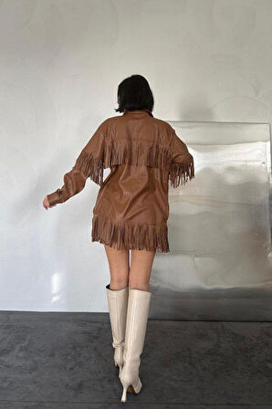 Kahverengi Püsküllü Deri Gömlek