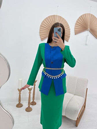 Yeşil Atlas Kumaş Garnili Ceket Ve Etek Takım