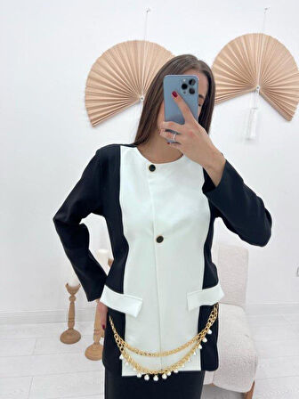 Siyah Atlas Kumaş Garnili Ceket Ve Etek Takım