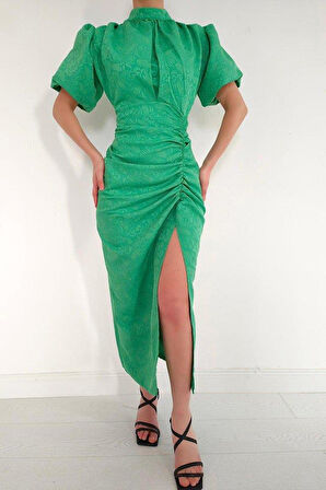 Yeşil Jakarlı Ve Desenli Elbise