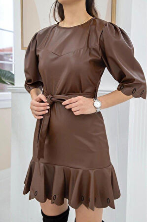 Kahverengi Deri Mini Elbise