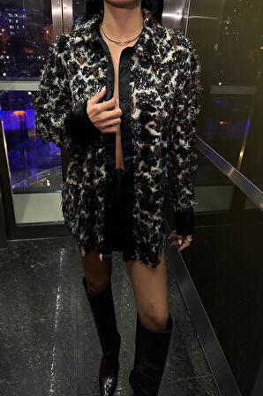 LEOPAR SAÇAKLI PAYETLİ GÖMLEK MANŞET SATEN DETAYLI - Siyah