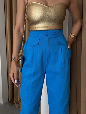 PANTOLON KAPALI CEP 3 DÜĞME DETAYLI - Mavi