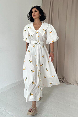 Limon Çiçek Motifli Kemerli Elbise