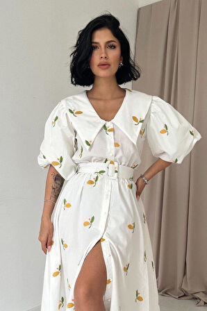 Limon Çiçek Motifli Kemerli Elbise