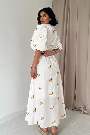 Limon Çiçek Motifli Kemerli Elbise