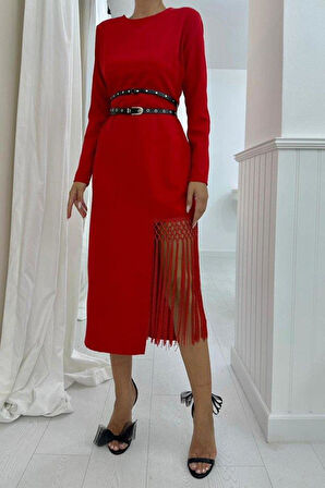 Kırmızı Eteği Püsküllü Atlas Elbise
