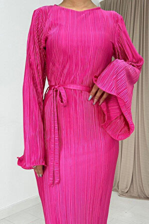 Fuşya İspanyol Kol Piliseli Elbise