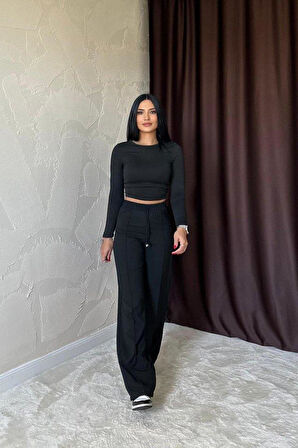 Siyah Bel Büzgülü Pantolon