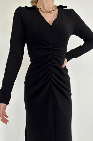 Siyah Büzgülü Triko Balık Elbise