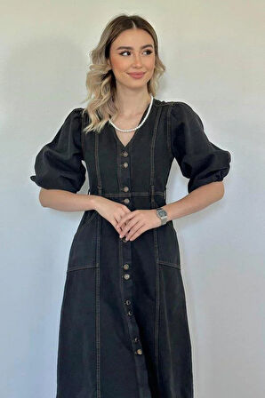 Siyah Balon Kol Kot Elbise