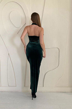 Zümrüt Omzu Açık Kadife Elbise