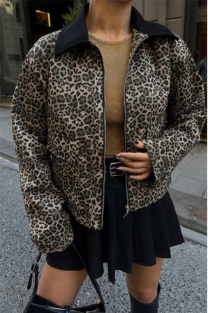 LEOPAR DESEN CROP CEKET GABARDİN - Leopar
