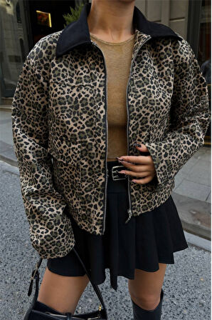 LEOPAR DESEN CROP CEKET GABARDİN - Leopar