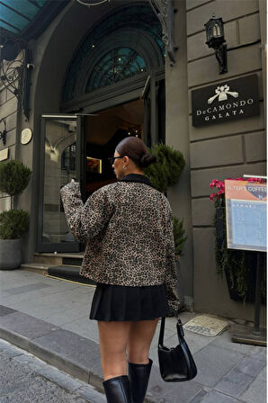 LEOPAR DESEN CROP CEKET GABARDİN - Leopar