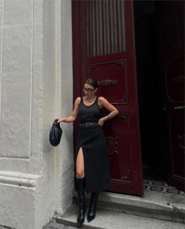 SÜET KALEM ETEK YIRTMAÇ DETAYLI - Siyah