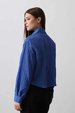 Püskül Cep Detaylı Kısa Gömlek - Mavi