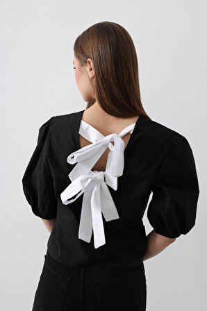 Sırtı Fiyonk Bağlamalı Bluz - Siyah