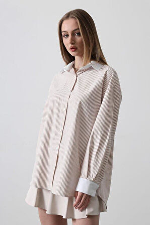 Çizgili Oversize Gömlek - Bej