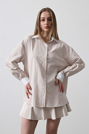 Çizgili Oversize Gömlek - Bej