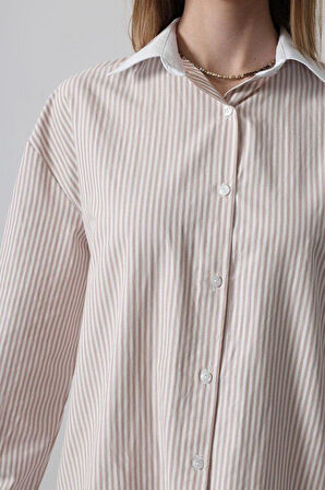 Çizgili Oversize Gömlek - Bej