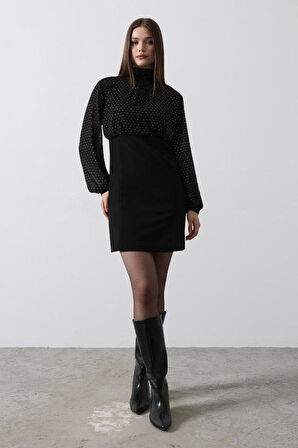 Taşlı Şifon Elbise - Siyah