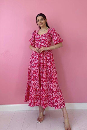 Fuşya Düğmeli Brode Elbise