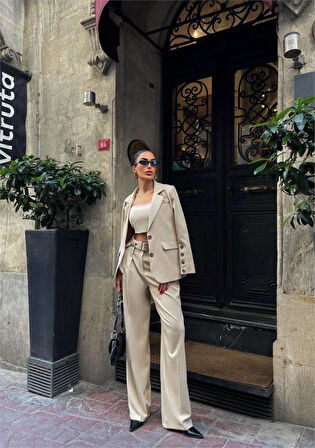 KOL 4 DÜĞME -  BÜSTİYERLİ 3 CEKET PANTOLON TAKIM - Bej