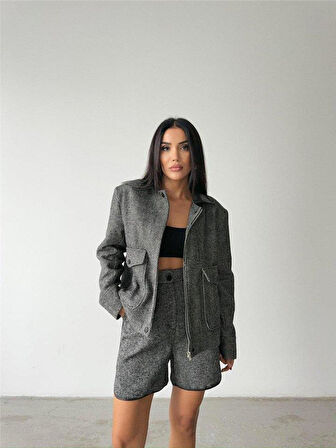 BALIKSIRTI KAŞE FERMUARLI CEKET KISA - Siyah