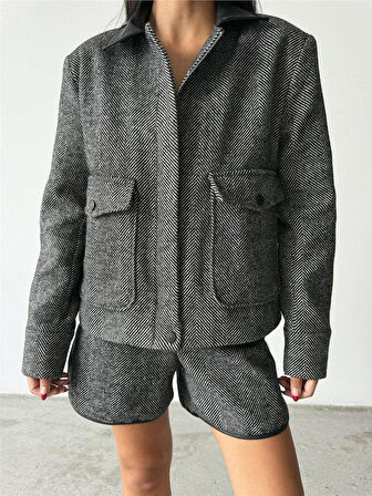 BALIKSIRTI KAŞE FERMUARLI CEKET KISA - Siyah