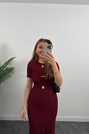 Kadın Ottoman Kumaş Likralı Düğme Tasarımlı Kısa Kol Kalem Elbise