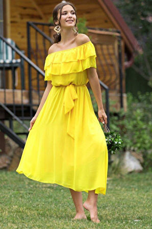 Kadın şifon Kumaş Astarlı Madonna Fırfır Yaka Elbise