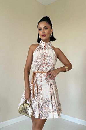 Ekru Halter Yaka Elbise