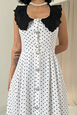 Beyaz Puantiyeli Bebe Yaka Elbise