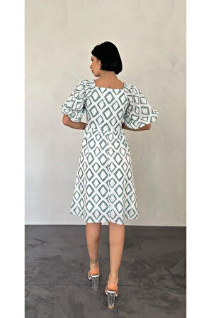 Yeşil Kare Desenli Yazlık Elbise