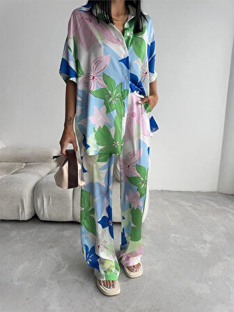 YEŞİL BÜYÜK ÇİÇEK DESEN SATEN GÖMLEK-PANTOLON TAKIM - Yeşil