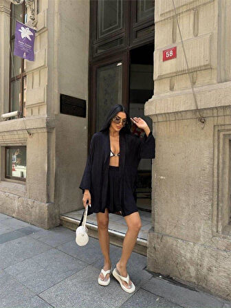 JAKARLI KİMONO - ŞORT TAKIM - Siyah