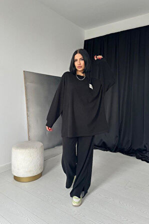 Siyah Klasik Fitilli Kazak Ve Pantolon Takım