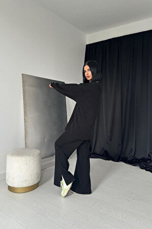 Siyah Klasik Fitilli Kazak Ve Pantolon Takım