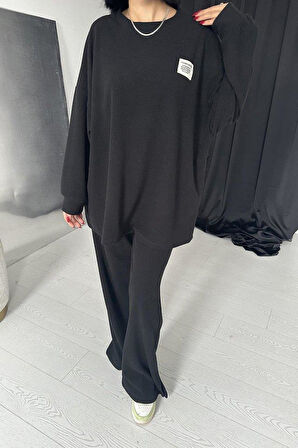 Siyah Klasik Fitilli Kazak Ve Pantolon Takım